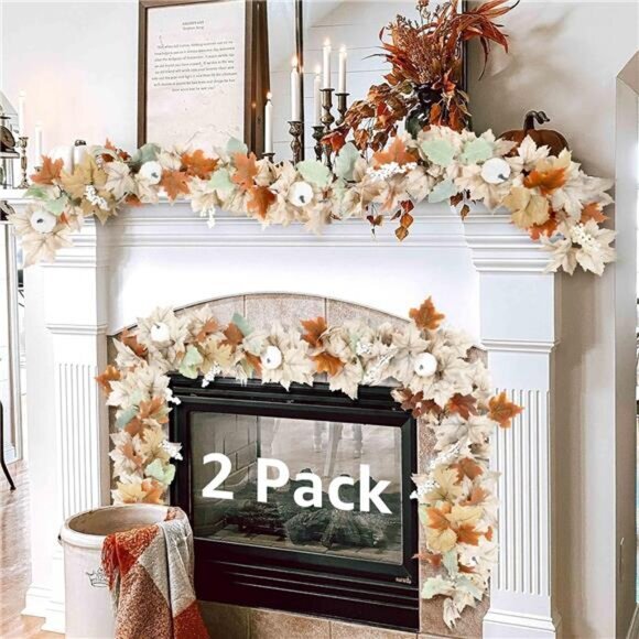 Fall Garland for Mantle Fireplace 2 Pack Outdoor Autumn Leaves Decor for Home - Picture 1 of 7